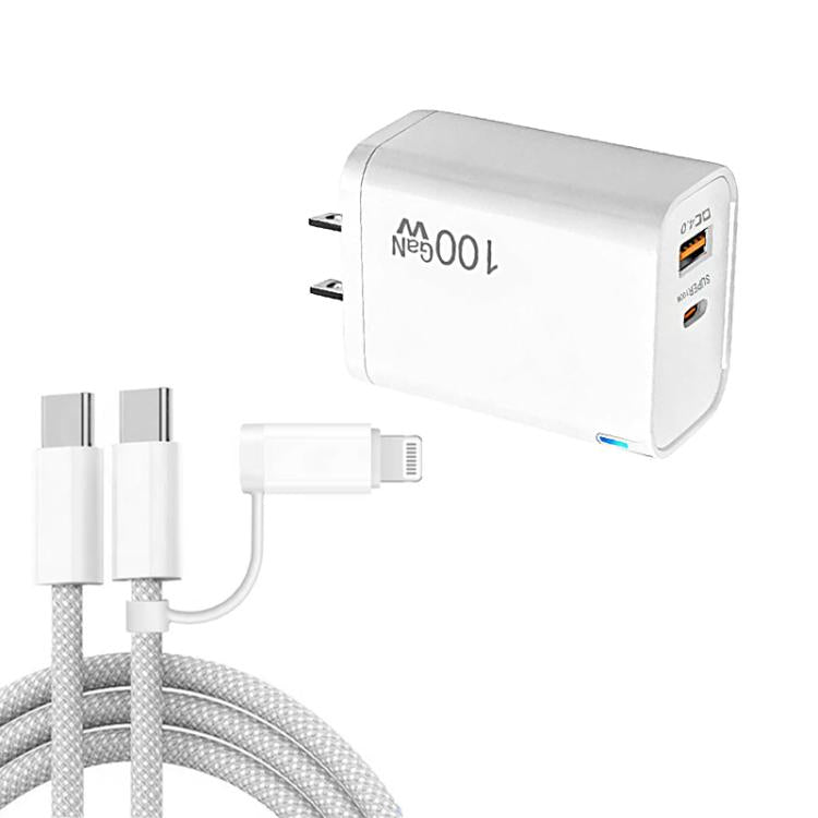 Caricabatterie USB PD47 GaN PD45W Type-C + QC3.0 con cavo dati da Type-C a Type-C / 8 pin, spina USA, US Plug