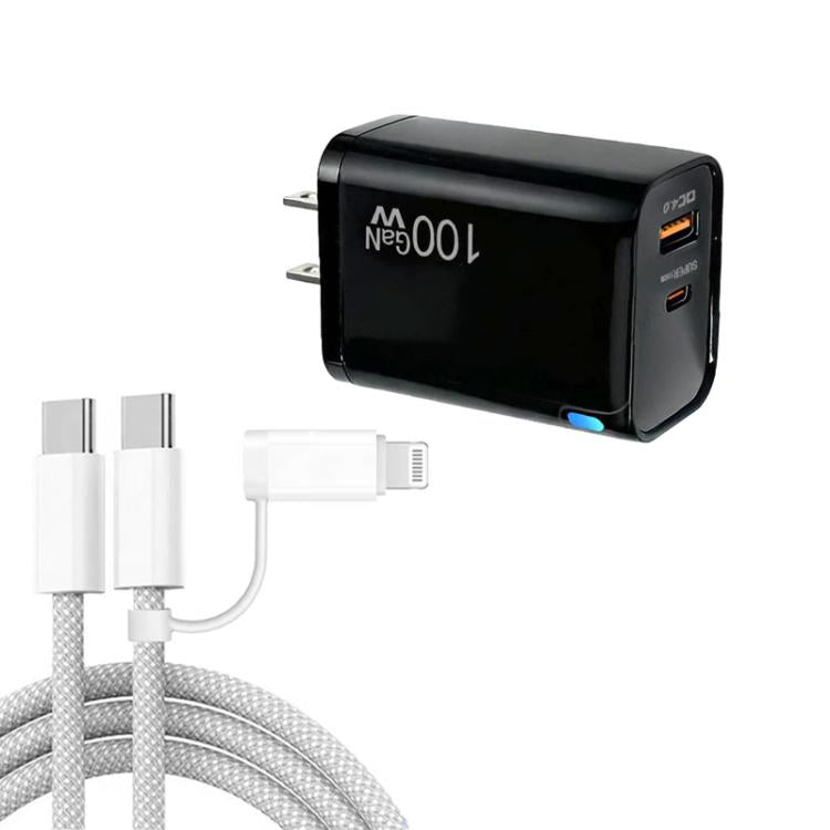 Caricabatterie USB PD47 GaN PD45W Type-C + QC3.0 con cavo dati da Type-C a Type-C / 8 pin, spina USA, US Plug