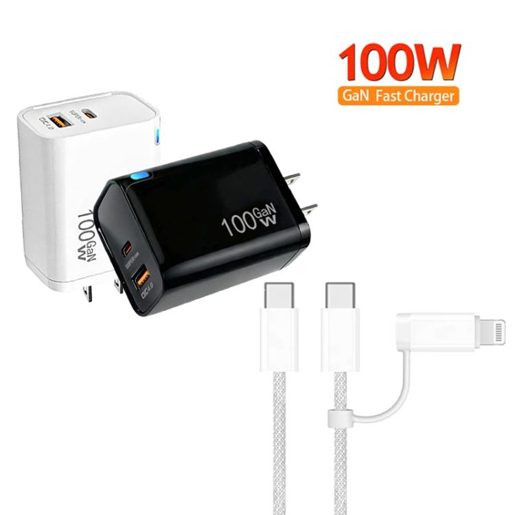 Caricabatterie USB PD47 GaN PD45W Type-C + QC3.0 con cavo dati da Type-C a Type-C / 8 pin, spina USA, US Plug