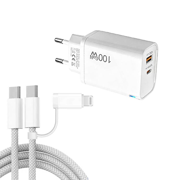 Caricabatterie USB PD47 GaN PD45W Type-C + QC3.0 con cavo dati da Type-C a Type-C / 8 pin, spina europea., EU Plug