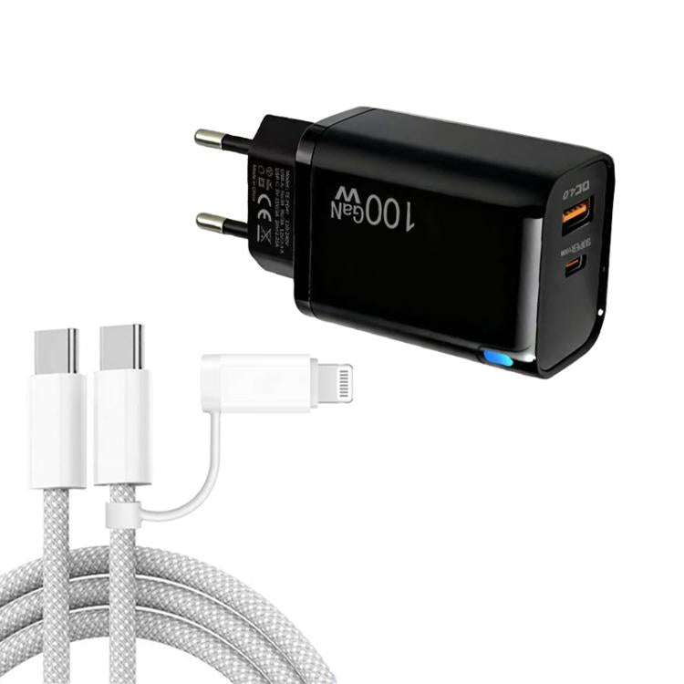 Caricabatterie USB PD47 GaN PD45W Type-C + QC3.0 con cavo dati da Type-C a Type-C / 8 pin, spina europea., EU Plug