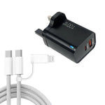 Caricabatterie USB PD47 GaN PD45W Type-C + QC3.0 con cavo dati da Type-C a Type-C / 8 pin, spina UK, UK Plug