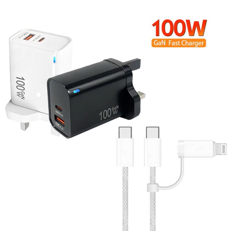 Caricabatterie USB PD47 GaN PD45W Type-C + QC3.0 con cavo dati da Type-C a Type-C / 8 pin, spina UK, UK Plug