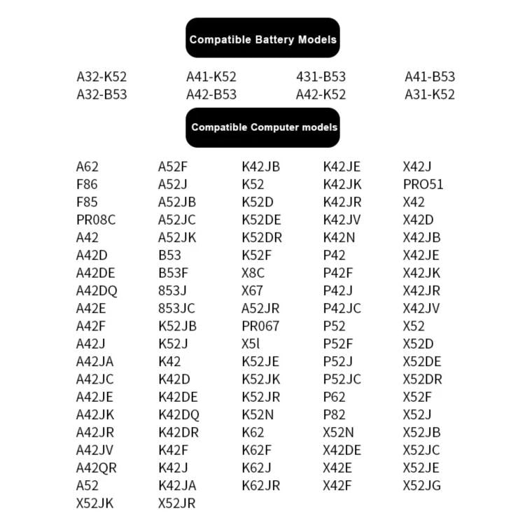 Batteria per laptop da 4400 mAh per Asus A42 A52 A62 B53 K42 K52 K62, A32-K52