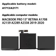 Batteria da 4781 mAh per laptop Apple MacBook Pro 13 pollici A1708 A2159 A2289 A2338, A1713