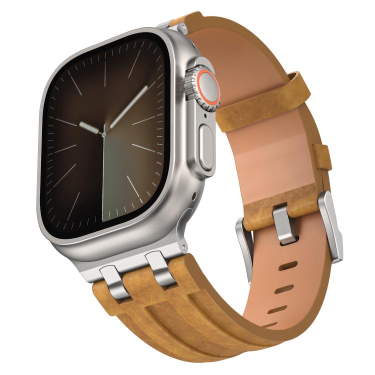 Cinturino per orologio Crazy Horse in pelle vegana e acciaio inossidabile con fibbia argentata., For Apple Watch 46mm / 49mm / 45mm / 44mm