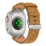 Cinturino per orologio Crazy Horse in pelle vegana e acciaio inossidabile con fibbia argentata., For Apple Watch 46mm / 49mm / 45mm / 44mm