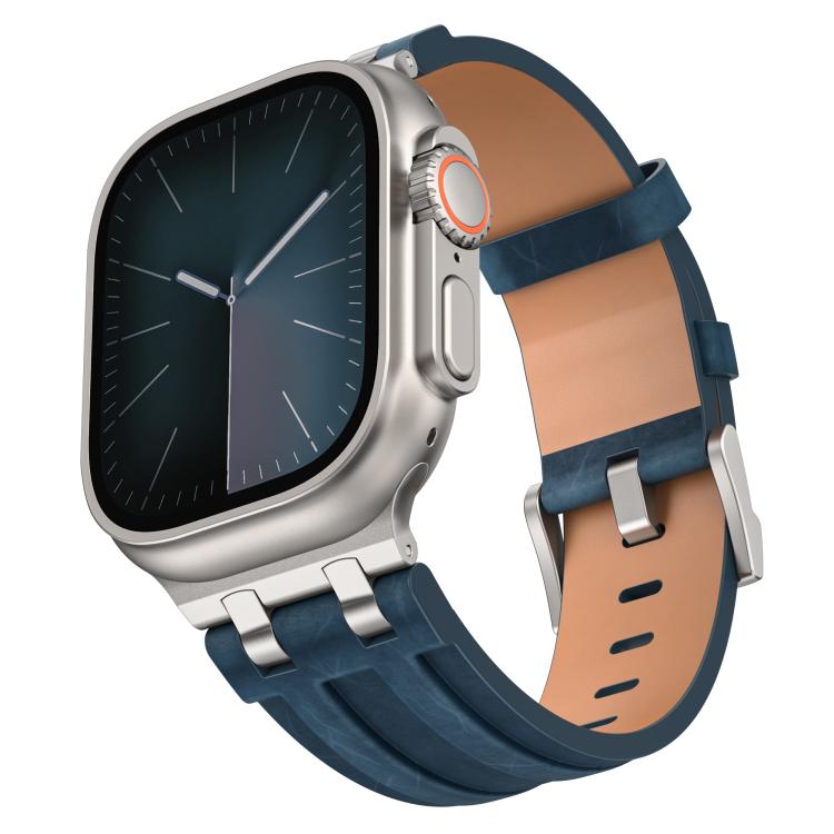 Cinturino per orologio Crazy Horse in pelle vegana e acciaio inossidabile con fibbia argentata., For Apple Watch 46mm / 49mm / 45mm / 44mm