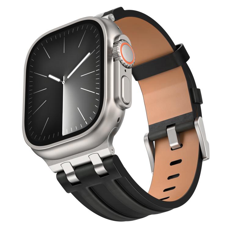 Cinturino per orologio Crazy Horse in pelle vegana e acciaio inossidabile con fibbia argentata., For Apple Watch 46mm / 49mm / 45mm / 44mm