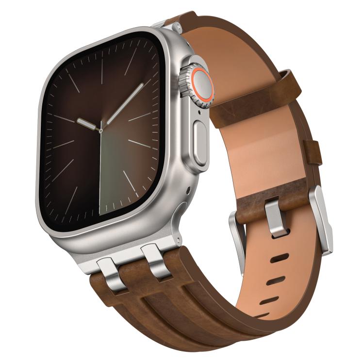 Cinturino per orologio Crazy Horse in pelle vegana e acciaio inossidabile con fibbia argentata., For Apple Watch 46mm / 49mm / 45mm / 44mm