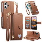 Portafoglio con cerniera a forma di cuore fantasy, custodia per telefono in pelle vegana con cinturino, For iPhone 17 Pro Max, For iPhone 17 Pro, For iPhone 17, For iPhone Air