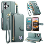 Portafoglio con cerniera a forma di cuore fantasy, custodia per telefono in pelle vegana con cinturino, For iPhone 17 Pro Max, For iPhone 17 Pro, For iPhone 17, For iPhone Air