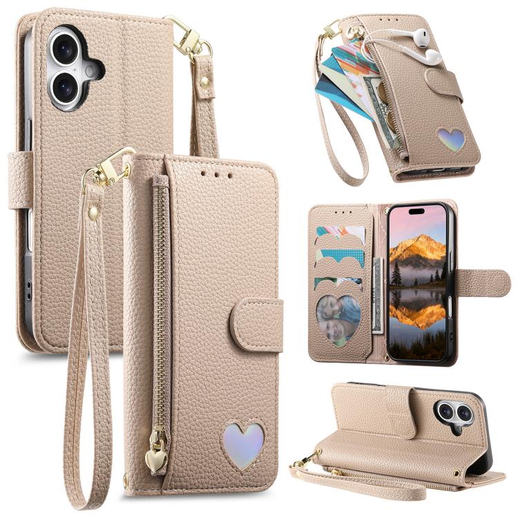 Portafoglio con cerniera a forma di cuore fantasy, custodia per telefono in pelle vegana con cinturino, For iPhone 17 Pro Max, For iPhone 17 Pro, For iPhone 17, For iPhone Air