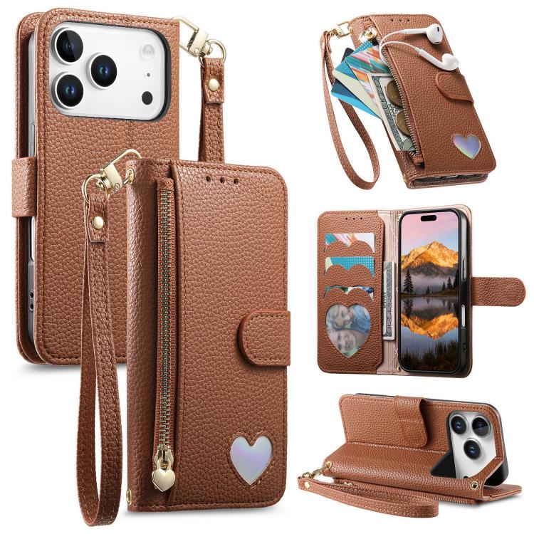 Portafoglio con cerniera a forma di cuore fantasy, custodia per telefono in pelle vegana con cinturino, For iPhone 17 Pro Max, For iPhone 17 Pro, For iPhone 17, For iPhone Air