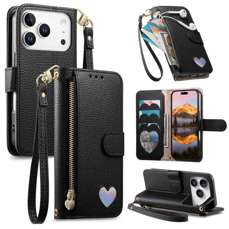 Portafoglio con cerniera a forma di cuore fantasy, custodia per telefono in pelle vegana con cinturino, For iPhone 17 Pro Max, For iPhone 17 Pro, For iPhone 17, For iPhone Air