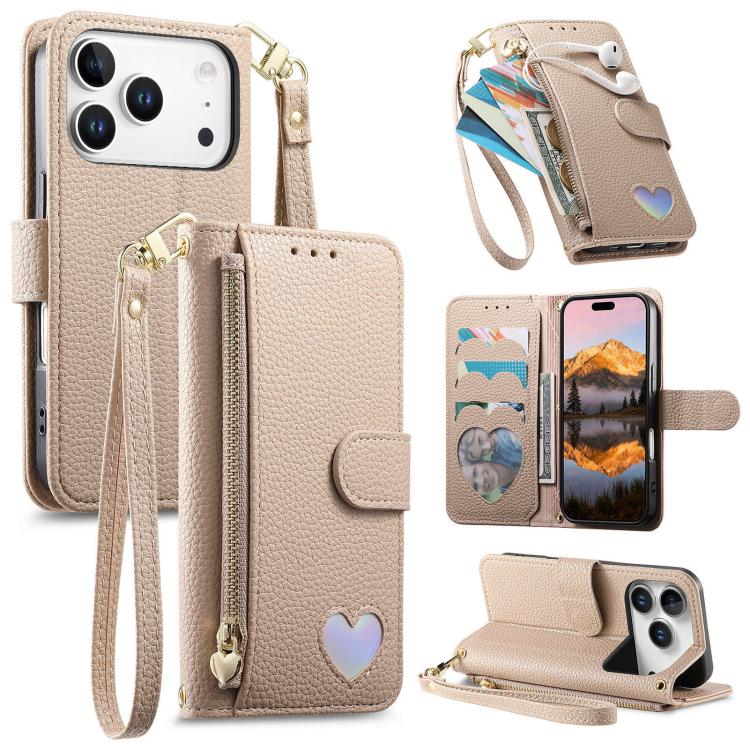 Portafoglio con cerniera a forma di cuore fantasy, custodia per telefono in pelle vegana con cinturino, For iPhone 17 Pro Max, For iPhone 17 Pro, For iPhone 17, For iPhone Air