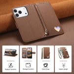Portafoglio con cerniera a forma di cuore fantasy, custodia per telefono in pelle vegana con cinturino, For iPhone 17 Pro Max, For iPhone 17 Pro, For iPhone 17, For iPhone Air