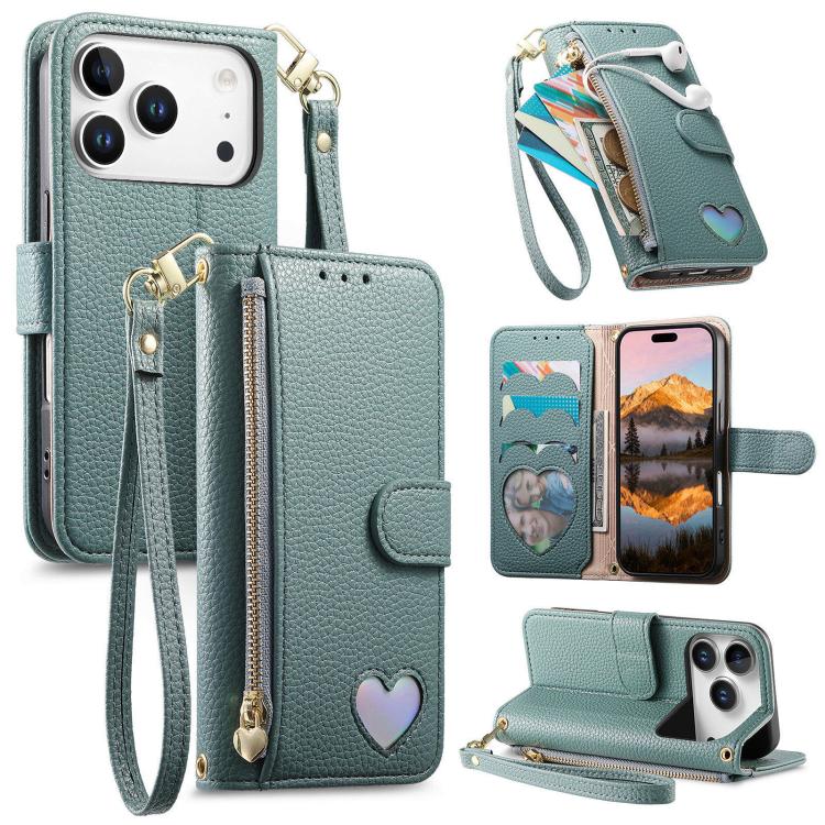 Portafoglio con cerniera a forma di cuore fantasy, custodia per telefono in pelle vegana con cinturino, For iPhone 17 Pro Max, For iPhone 17 Pro, For iPhone 17, For iPhone Air