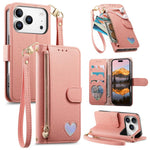 Portafoglio con cerniera a forma di cuore fantasy, custodia per telefono in pelle vegana con cinturino, For iPhone 17 Pro Max, For iPhone 17 Pro, For iPhone 17, For iPhone Air