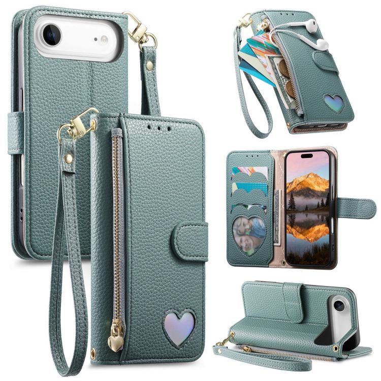 Portafoglio con cerniera a forma di cuore fantasy, custodia per telefono in pelle vegana con cinturino, For iPhone 17 Pro Max, For iPhone 17 Pro, For iPhone 17, For iPhone Air