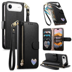 Portafoglio con cerniera a forma di cuore fantasy, custodia per telefono in pelle vegana con cinturino, For iPhone 17 Pro Max, For iPhone 17 Pro, For iPhone 17, For iPhone Air
