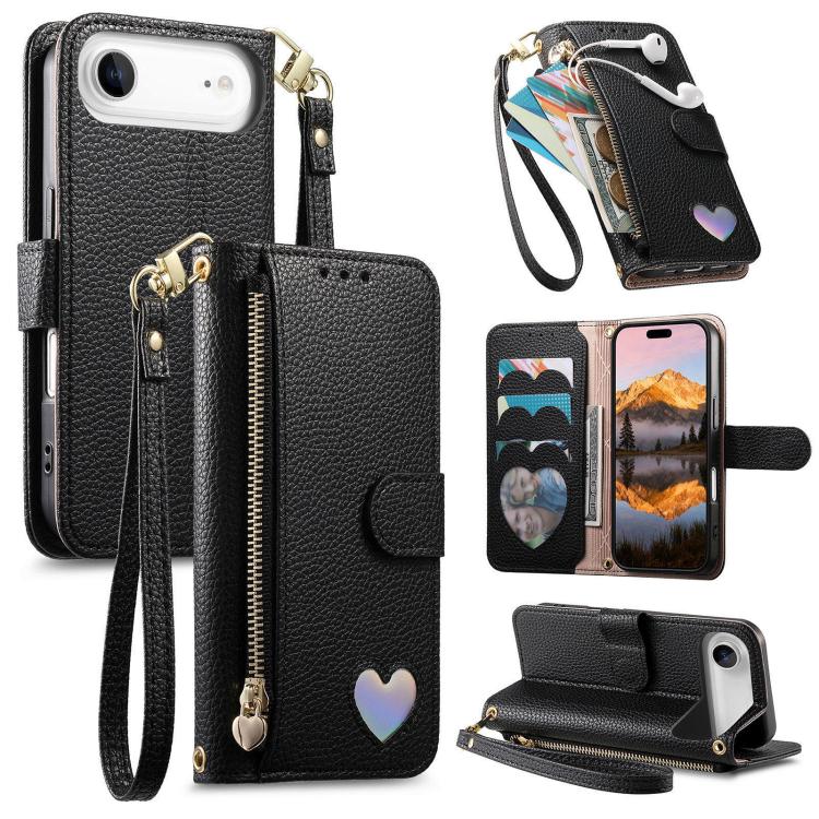 Portafoglio con cerniera a forma di cuore fantasy, custodia per telefono in pelle vegana con cinturino, For iPhone 17 Pro Max, For iPhone 17 Pro, For iPhone 17, For iPhone Air
