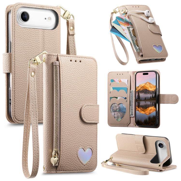 Portafoglio con cerniera a forma di cuore fantasy, custodia per telefono in pelle vegana con cinturino, For iPhone 17 Pro Max, For iPhone 17 Pro, For iPhone 17, For iPhone Air