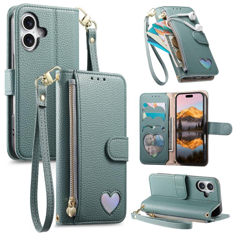 Portafoglio con cerniera a forma di cuore fantasy, custodia per telefono in pelle vegana con cinturino, For iPhone 16 Pro Max, For iPhone 16 Pro, For iPhone 16 Plus, For iPhone 16