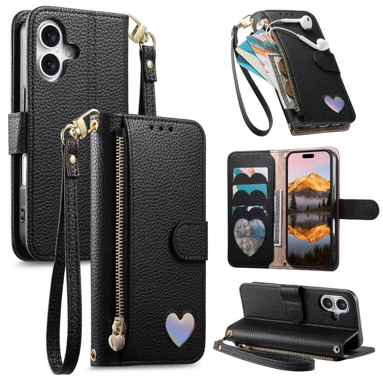 Portafoglio con cerniera a forma di cuore fantasy, custodia per telefono in pelle vegana con cinturino, For iPhone 16 Pro Max, For iPhone 16 Pro, For iPhone 16 Plus, For iPhone 16