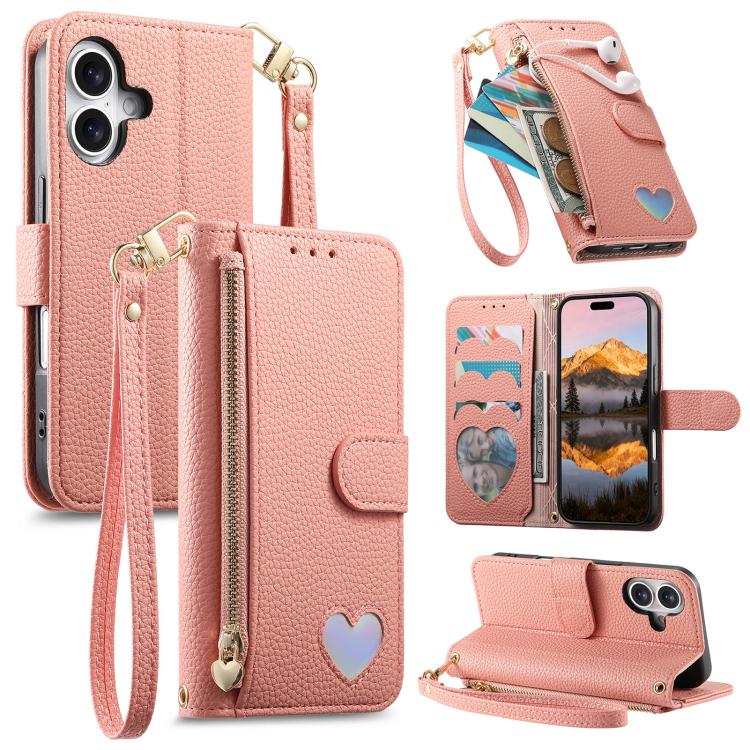 Portafoglio con cerniera a forma di cuore fantasy, custodia per telefono in pelle vegana con cinturino, For iPhone 16 Pro Max, For iPhone 16 Pro, For iPhone 16 Plus, For iPhone 16