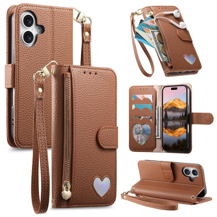 Portafoglio con cerniera a forma di cuore fantasy, custodia per telefono in pelle vegana con cinturino, For iPhone 16 Pro Max, For iPhone 16 Pro, For iPhone 16 Plus, For iPhone 16