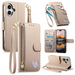 Portafoglio con cerniera a forma di cuore fantasy, custodia per telefono in pelle vegana con cinturino, For iPhone 16 Pro Max, For iPhone 16 Pro, For iPhone 16 Plus, For iPhone 16