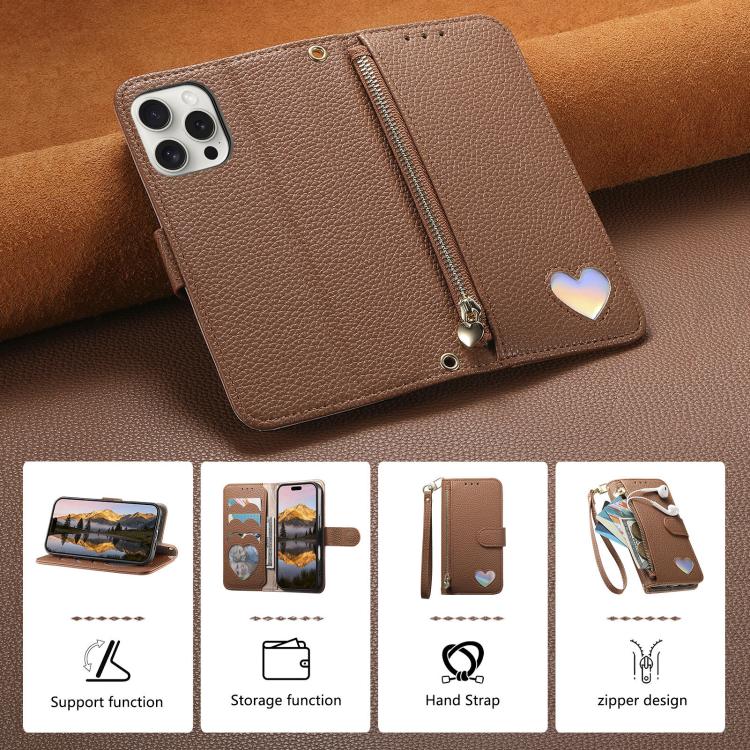 Portafoglio con cerniera a forma di cuore fantasy, custodia per telefono in pelle vegana con cinturino, For iPhone 16 Pro Max, For iPhone 16 Pro, For iPhone 16 Plus, For iPhone 16