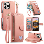 Portafoglio con cerniera a forma di cuore fantasy, custodia per telefono in pelle vegana con cinturino, For iPhone 16 Pro Max, For iPhone 16 Pro, For iPhone 16 Plus, For iPhone 16