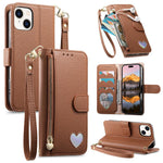 Portafoglio con cerniera a forma di cuore fantasy, custodia per telefono in pelle vegana con cinturino, For iPhone 15 Pro Max, For iPhone 15 Pro, For iPhone 15 Plus, For iPhone 15