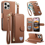 Portafoglio con cerniera a forma di cuore fantasy, custodia per telefono in pelle vegana con cinturino, For iPhone 15 Pro Max, For iPhone 15 Pro, For iPhone 15 Plus, For iPhone 15