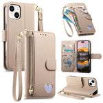 Portafoglio con cerniera a forma di cuore fantasy, custodia per telefono in pelle vegana con cinturino, For iPhone 14 Plus, For iPhone 14, For iPhone 14 Pro, For iPhone 14 Pro Max