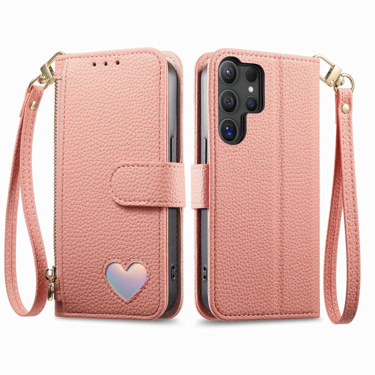 Portafoglio con cerniera a forma di cuore fantasy, custodia per telefono in pelle vegana con cinturino, For Samsung Galaxy S25 Ultra 5G