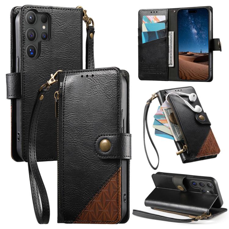 Portafoglio con cerniera e cinturino in ecopelle vegana., For Samsung Galaxy S24 / S25 5G, For Samsung Galaxu S24+ / S25+ 5G, For Samsung Galaxy S25 Ultra 5G, For Samsung Galaxy S24 FE 5G