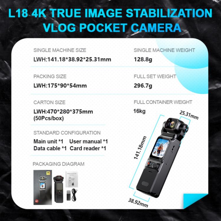 Videocamera L18 4K con stabilizzazione giroscopica e touch 1,69"