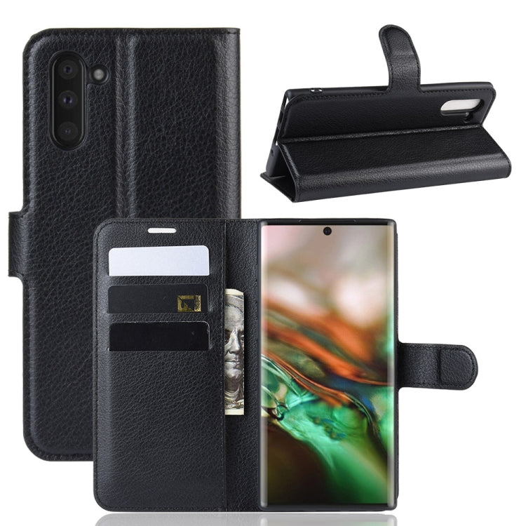 Custodia in pelle Flip orizzontale con texture Litchi per Galaxy Note 10, con portafoglio, supporto e slot per carte