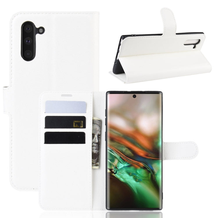 Custodia in pelle Flip orizzontale con texture Litchi per Galaxy Note 10, con portafoglio, supporto e slot per carte