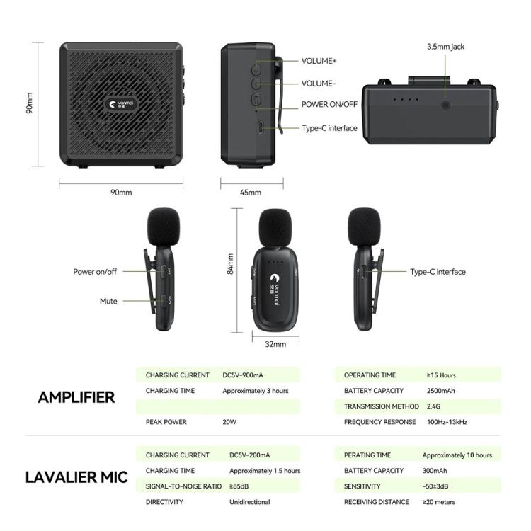 Microfono lavalier wireless Bluetooth 2.4G con amplificatore voca