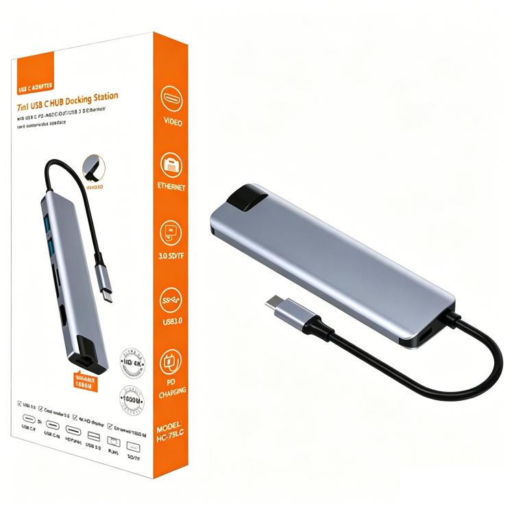 Hub Gigabit Ethernet 7 in 1 USB-C con ricarica PD100W e risoluzione 4K HD, dotato di USB 3.0 e lettore di schede SD/TF., HC-75LC