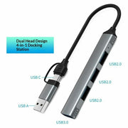 Hub portatile HC-77 in lega di alluminio con connettori USB-C/USB-A, USB 3.0 e 3 porte USB 2.0, docking station., HC-77