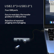 Hub portatile HC-77 in lega di alluminio con connettori USB-C/USB-A, USB 3.0 e 3 porte USB 2.0, docking station., HC-77