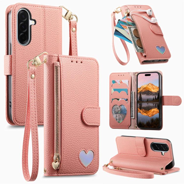 Portafoglio con cerniera a forma di cuore fantasy, custodia per telefono in pelle vegana con cinturino, For Samsung Galaxy A56 5G, For Samsung Galaxy A26 5G, For Samsung Galaxy A36 5G, For Samsung Galaxy S24 FE 5G