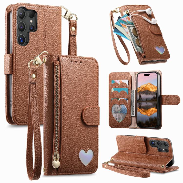 Portafoglio con cerniera a forma di cuore fantasy, custodia per telefono in pelle vegana con cinturino, For Samsung Galaxy A54 5G, For Samsung Galaxy S23 Ultra 5G, For Samsung Galaxy S23+ 5G, For Samsung Galaxy S23 5G