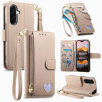 Portafoglio con cerniera a forma di cuore fantasy, custodia per telefono in pelle vegana con cinturino, For Samsung Galaxy A16, For Samsung Galaxy S25 / S24 5G, For Samsung Galaxy S25+ / S24+ 5G, For Samsung Galaxy A14