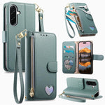 Portafoglio con cerniera a forma di cuore fantasy, custodia per telefono in pelle vegana con cinturino, For Samsung Galaxy A16, For Samsung Galaxy S25 / S24 5G, For Samsung Galaxy S25+ / S24+ 5G, For Samsung Galaxy A14